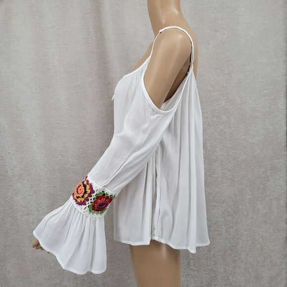 The Line Of Style White Bohemian Flowy Cold Shoulder Top with Colorful Chrochet - Picture 2 of 8